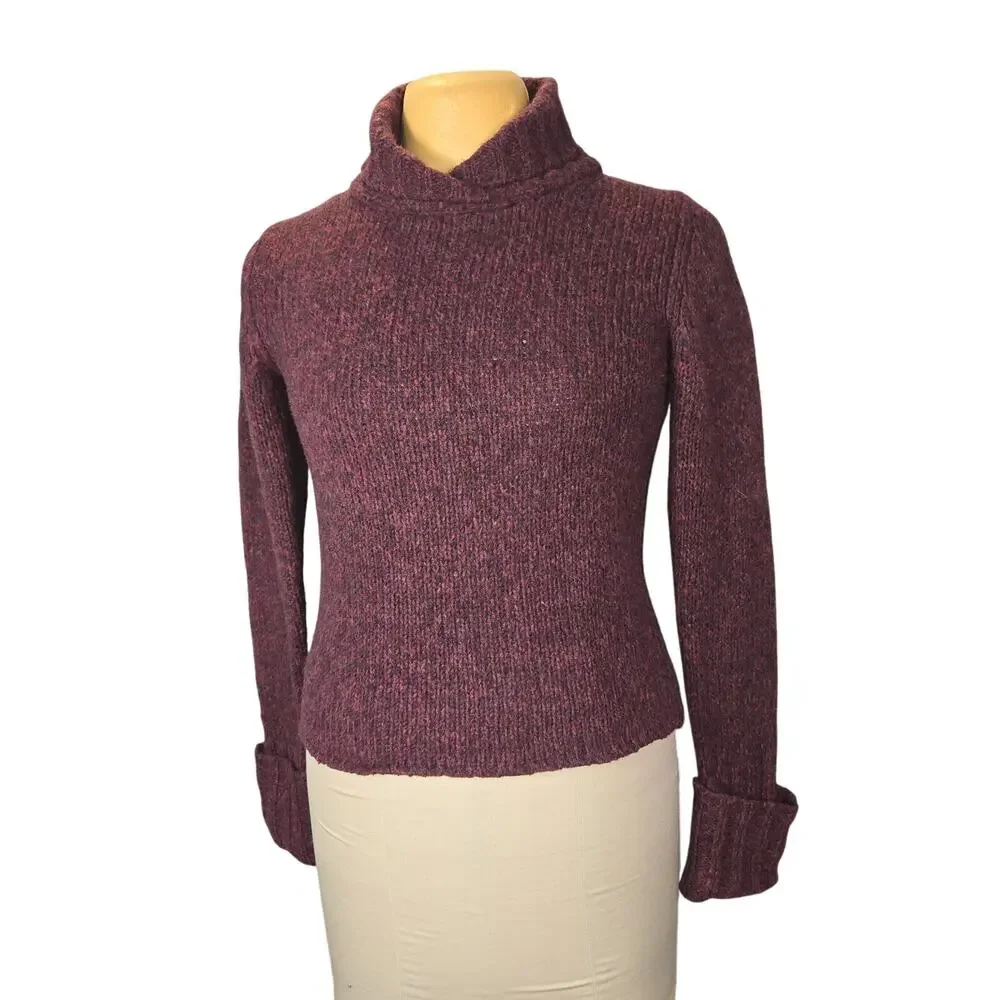 Vtg Banana Republic Women M Marled Wool‎ Ribbed Sweater Mock Neck Y2K Burgundy